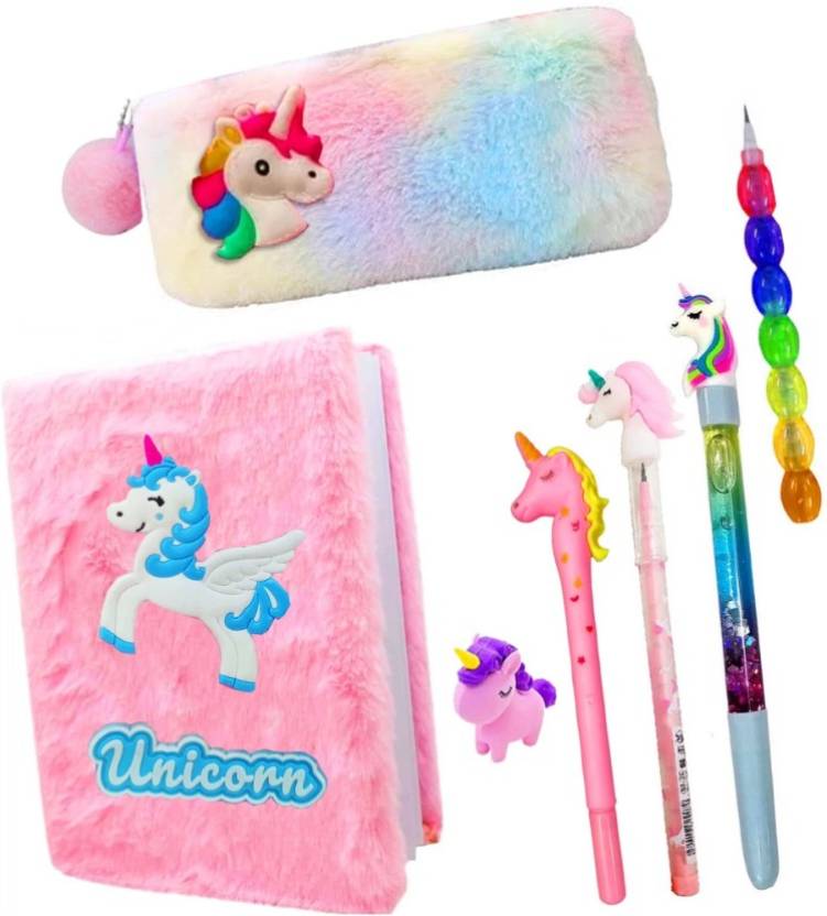 Unicorn Combo-7 Pcs Fur Diary/Fur Pouch/Pen/Pencil/Water Pen/Eraser Gift Set A5 Diary Ruled 80 Pages  (Multicolor, Pack of 7)