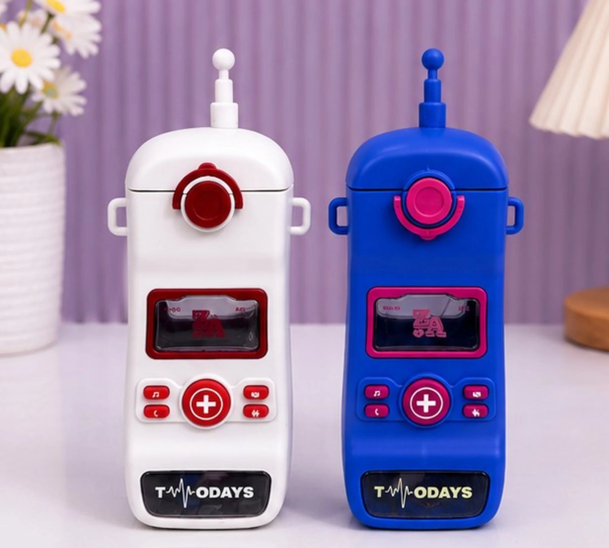 Walkie talkie shape kids sipper water bottle with straw and carry handles.