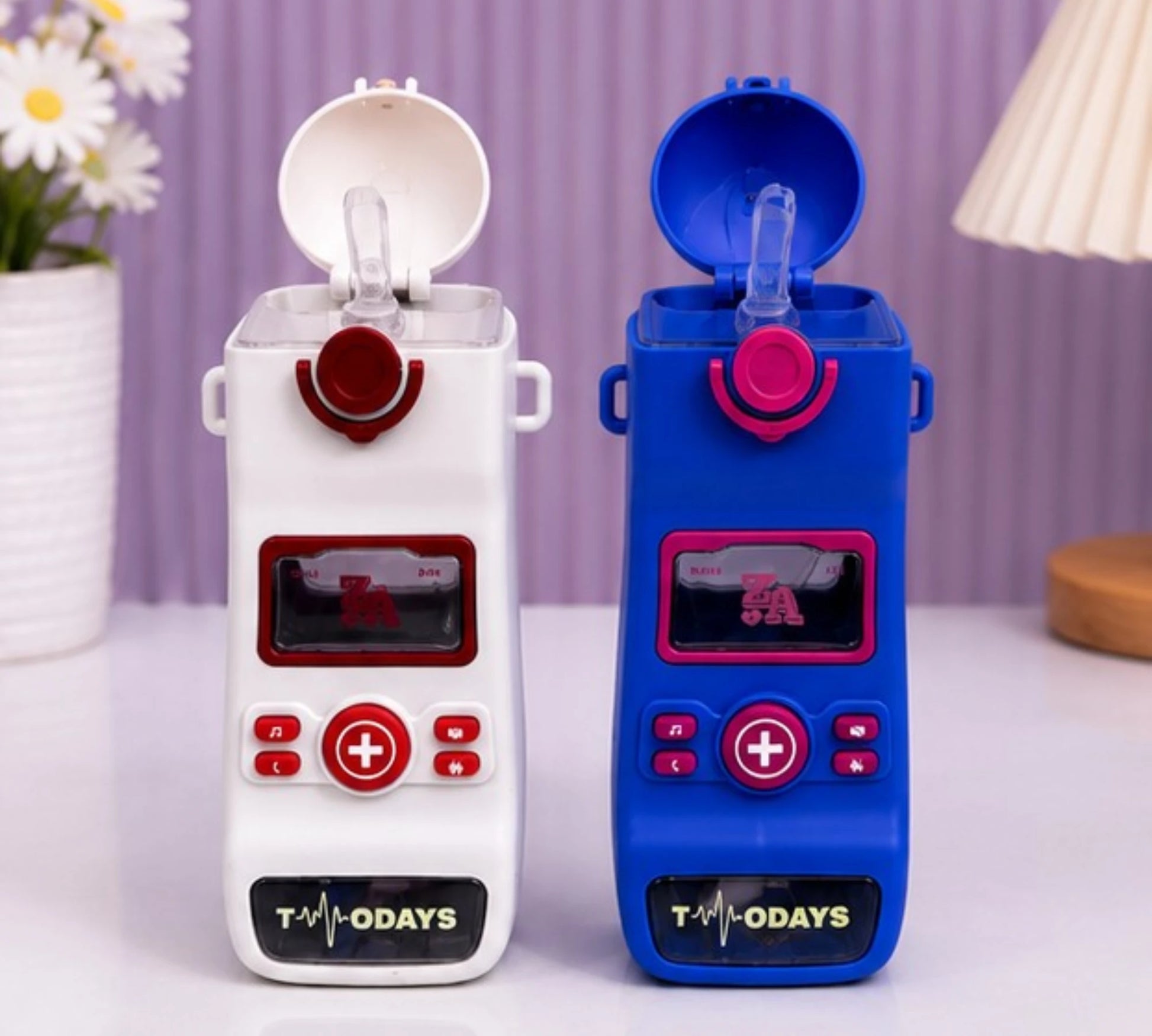 Walkie talkie shape kids sipper water bottle with straw and carry handles.